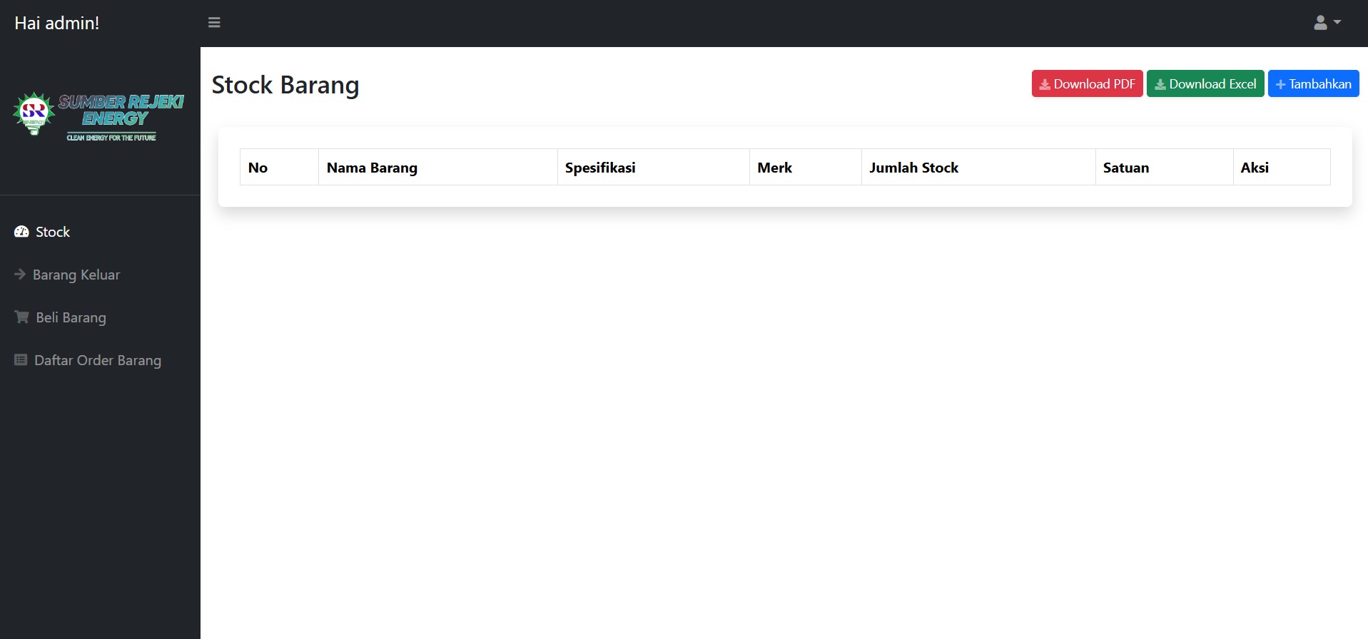 Screenshot Sistem Warehouse PT. Sumber Rejeki